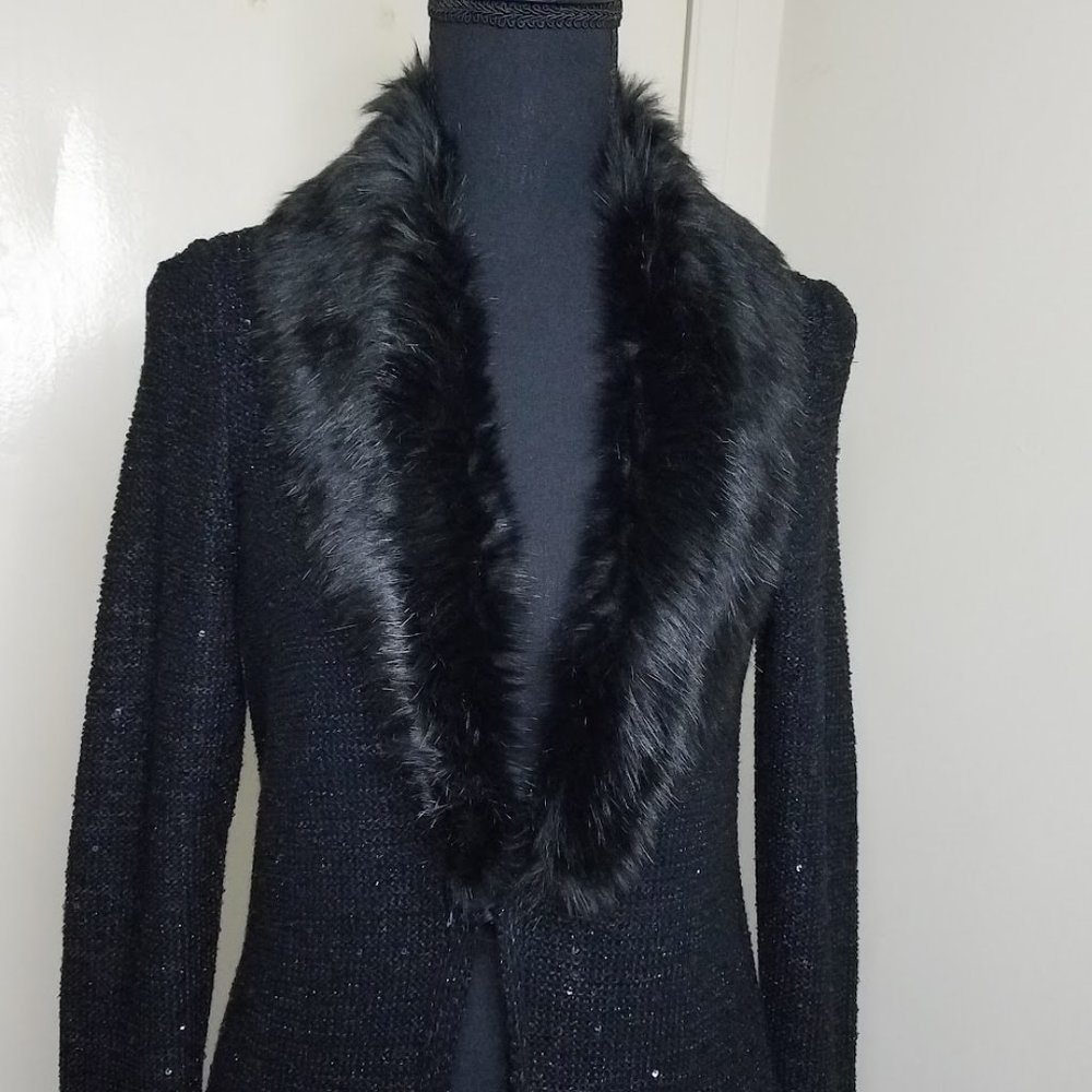 White House Black Market Knit Sequins Open-Front Longline Black Cardigan